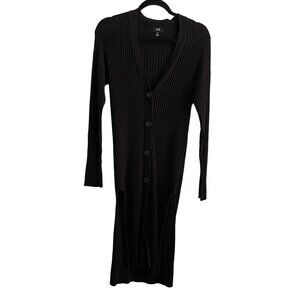 LINE The Label Women XS Black Ribbed Knit Side Slits V-Neck Long Duster Cardigan
